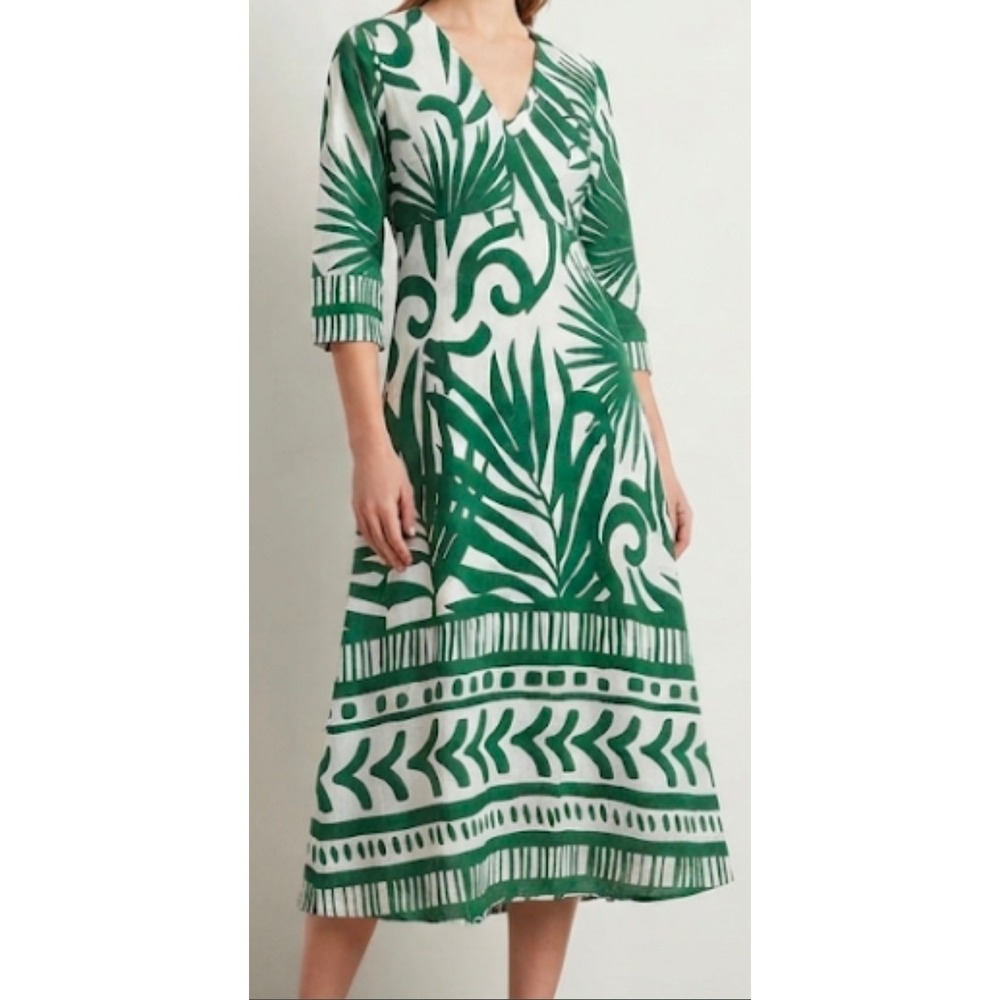 Women Green White Tropical Coastal Palm Leaf Cotton Linen V-Neck Midi Dress S